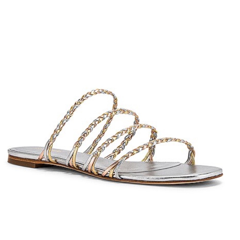 Larroude Ibiza Flat Sandal in Braided Metallic Silver Leather